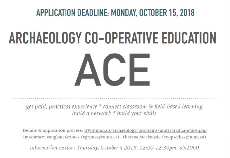 Poster for the Archaeology Co-Operative (ACE) program information session on October 4, 2018