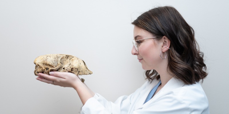 Archaeology student, Jenn Wilkins, holding a seal skull