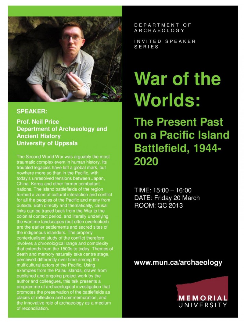 Poster for Prof. Neil Price's talk on conflict archaeology in the Pacific 2020