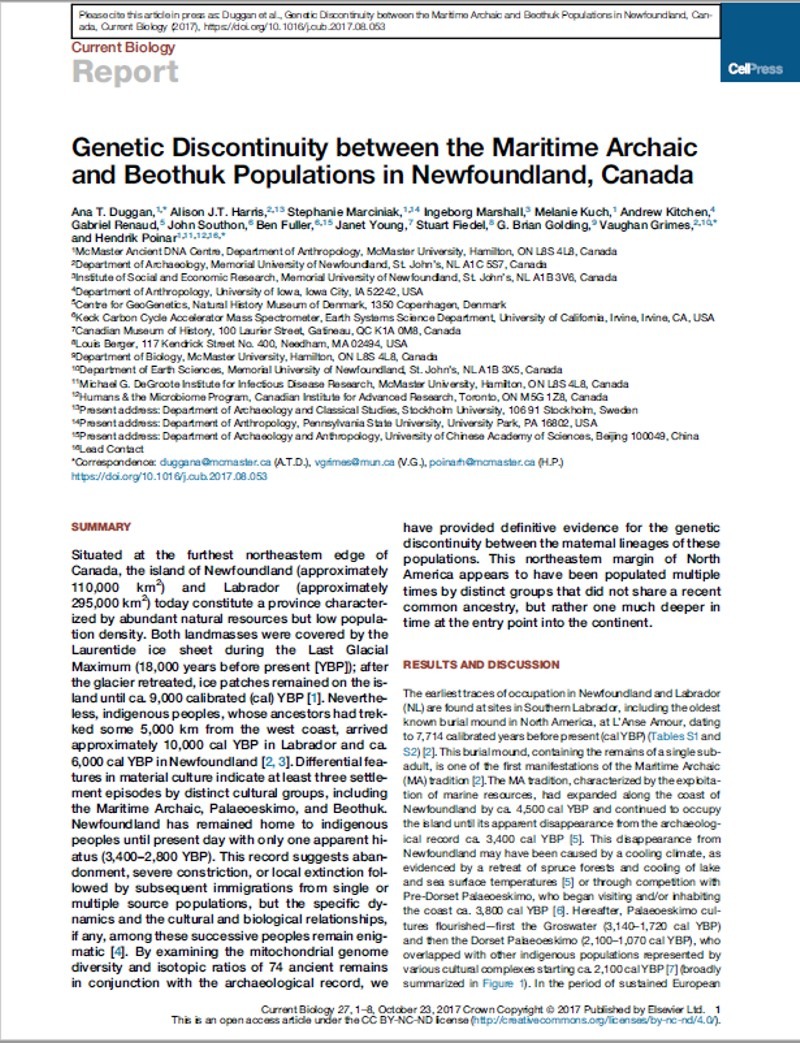 Cover of Duggan et al. 2017 Genetic insights into the Maritime Archaic and Beothuk populations of Newfoundland article
