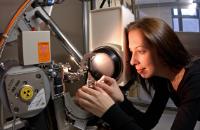 Professor Louise Dawe mounting a crystal on the X-ray diffractometer.