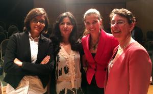 International graduate students Fatemeh Sajadi and Azam Sayadi present their research to Canadian Minister of Science Kirsty Duncan and Dean Aimee Surprenant