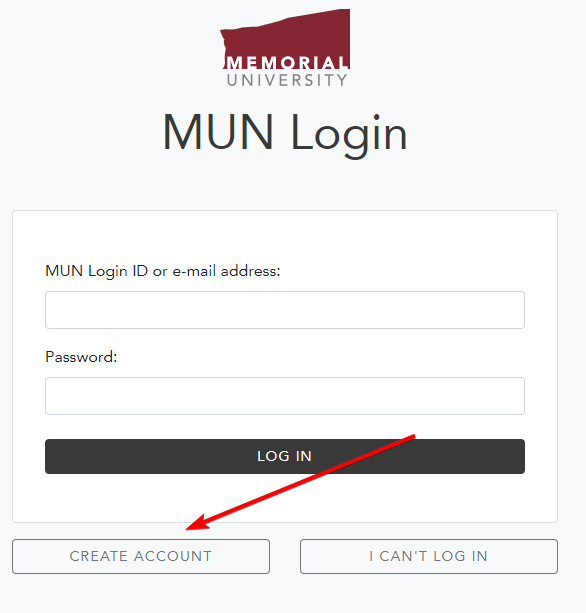 Screenshot of a page for MUN Login and an arrow pointing to a box labelled Create Account