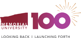 An image with the Memorial University logo on the left and large text reading '100' on the right. Underneath, smaller text reads 'Looking Back Launching Forth.'