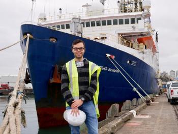 The R/V JOIDES Resolution docked in Auckland, New Zealand after two months at sea. 