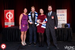 From left are Saki Kajita, director, re-engineering category; Peter Snow; Katy Warren; and James Austin of MDA, head judge, re-engineering category.