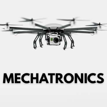 a drone with a camera on a grey background with the word mechatronics below in black