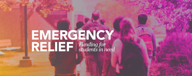 banner image showing two students with the words 'emergenc relief'