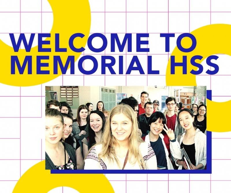 Image says Welcome to Memorial HSS over a colourful background and includes a photo of a group of smiling students