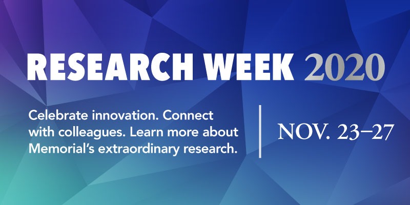 A banner graphic with white text and a blue background for Research Week 2020 at Memorial University of Newfoundland.
