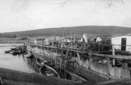 Men splitting fish on the wharf Across the Gut 