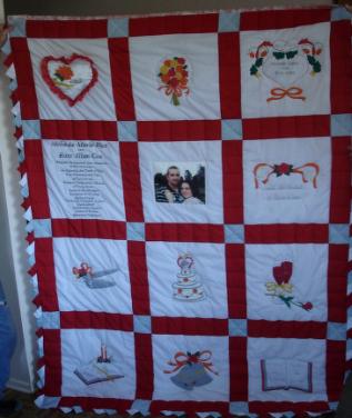 Reid, Marie and Oliver. A wedding quilt with picket fence edging made by Marie Reid, Roddickton