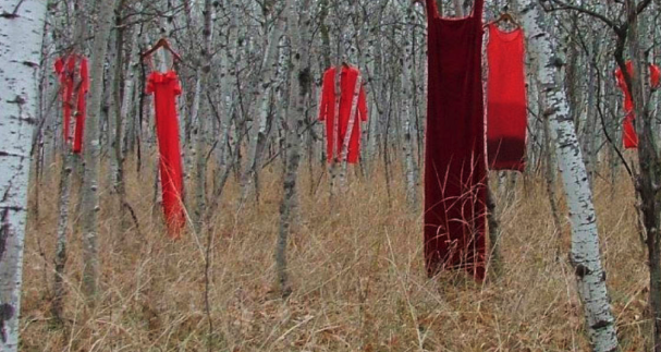 Red dresses hung in a birch grove