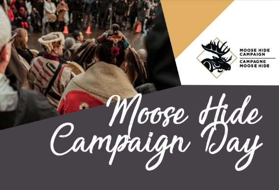 Poster image of Moose Hide Campaign logo, text reading moose hide campaign, and image of rally.
