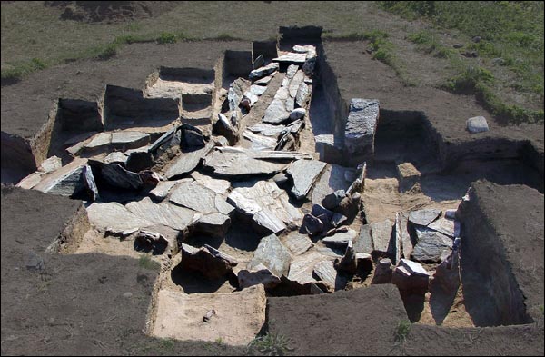 A 17th century Inuit house structure at Snack Cove after excavation.