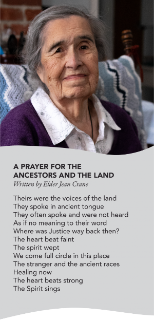 Photo of Elder Jean Crane, with her prayer for the ancestors and the land written below