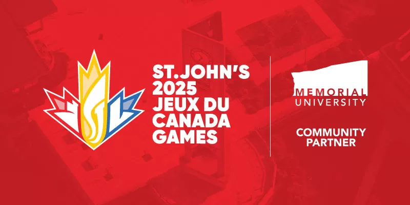 Red background with 2025 Canada Games logo on left and Memorial logo on right with 'community partner' underneath.