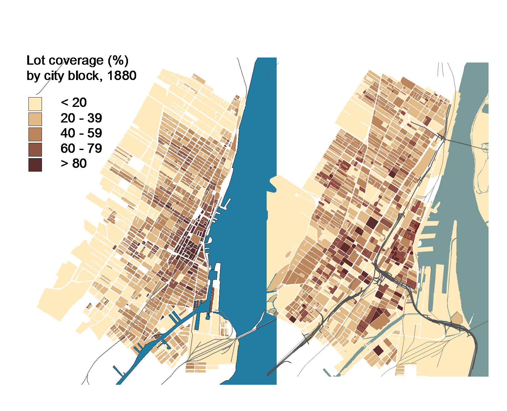 La densit de l'occupation du sol en 1880 et 2000