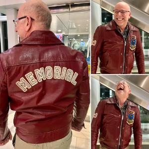 Dr. Rob Forsey, an alum of the Faculty of Medicine, shows off his vintage red Memorial University leather jacket at Reunion 2022.