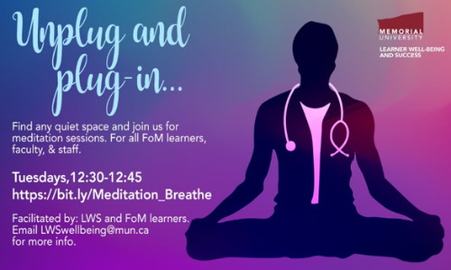 An image with a blue-and-purple gradient background and an illustration of a person sitting cross-legged and wearing a stethoscope. Text on the image provides information about meditation sesssions.