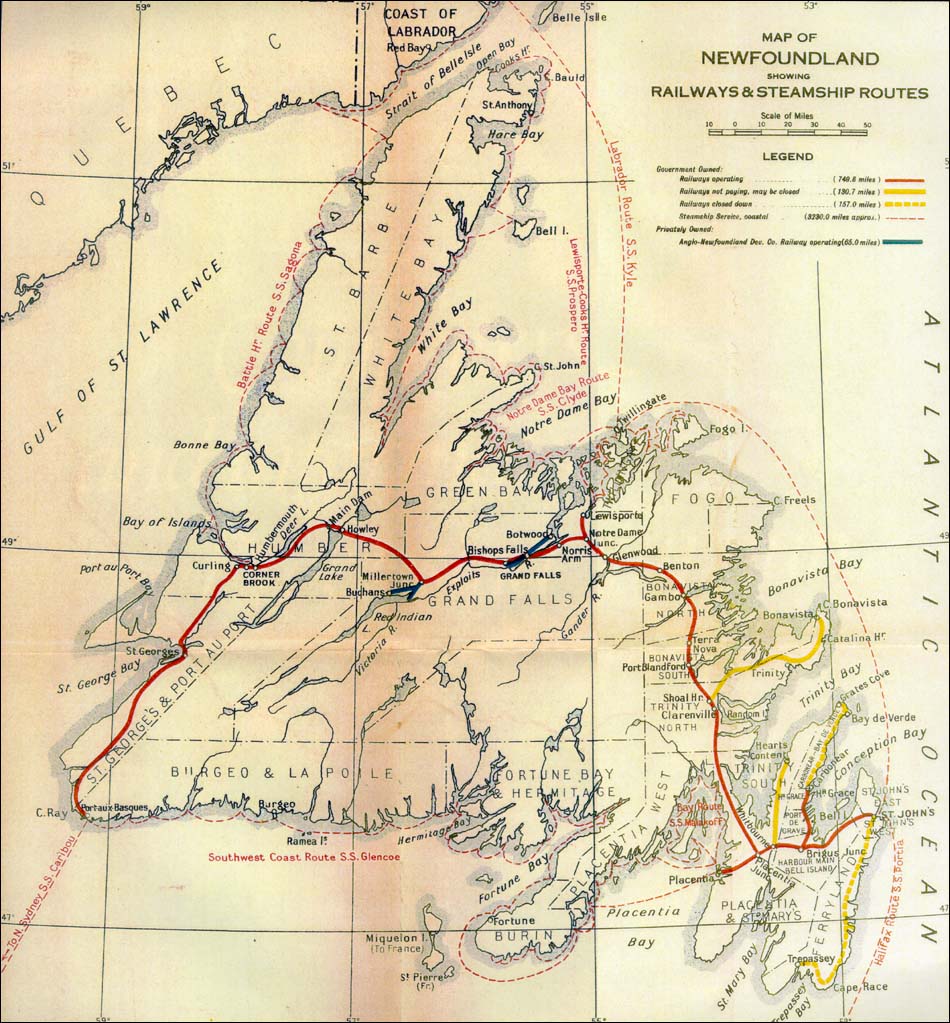 Map of Newfoundland showing Railways and Steamship Routes