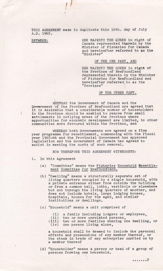 Agreement, Minister Fisheries Canada and Minister Fisheries Newfoundland, 1965 Page 1