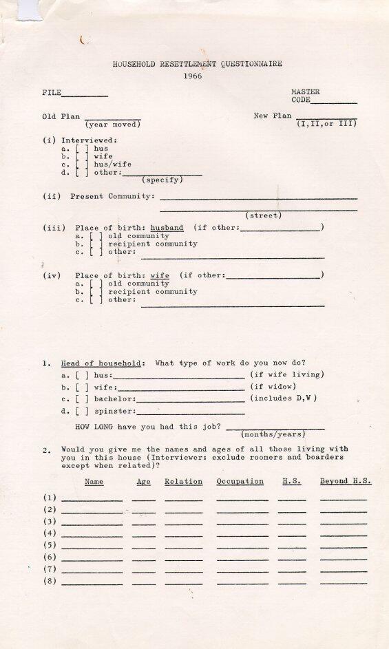 Household Resettlement Questionnaire, 1966 Pages 1-5 (Page 1)