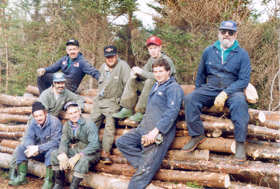 Leeland Masters, Roy Wareham (2nd & 3rd, in front) and friends cutting sticks to build a wharf for the reunion at Harbour Buffett.