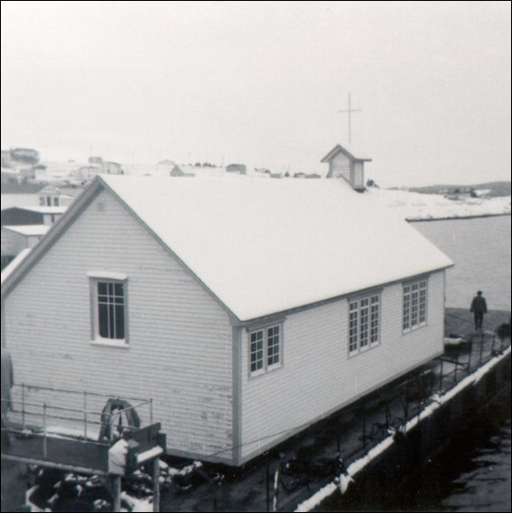 The Church of St. Mary the Virgin, Marystown, on the Barge after being moved from St. Joseph's, Placentia Bay
