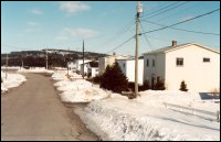 Buffett Road, à Arnold's Cove. Ces maisons ont été transportées sur la baie à partir d'autres collectivités. 