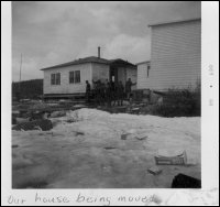 Gordon and Evelyn Lethbridge house being prepared for the move from Paradise River to Cartwright, Labrador