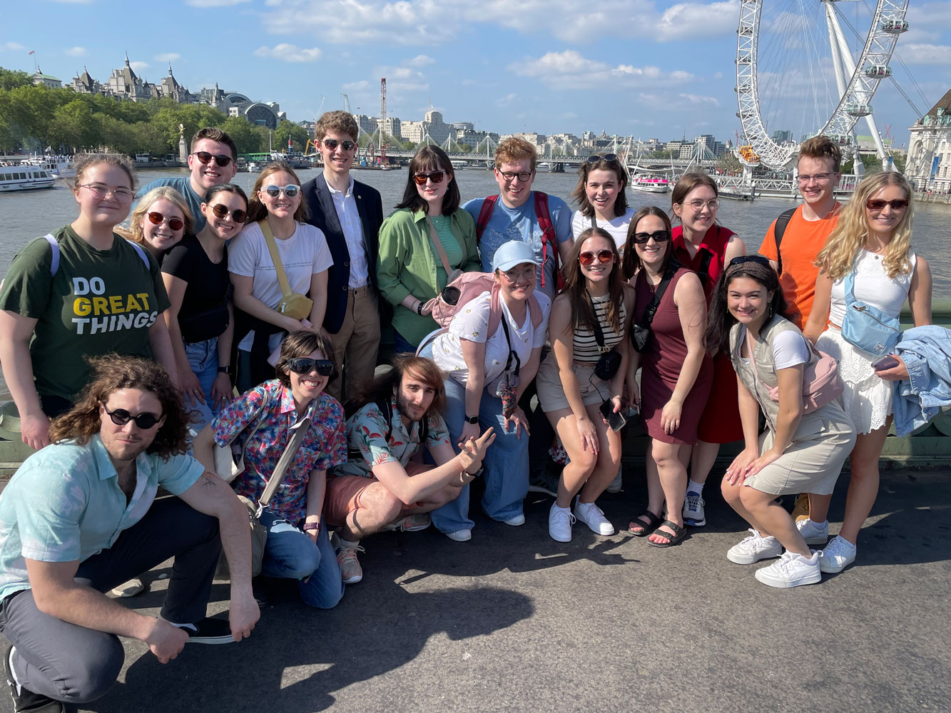 The 2023 Music Harlow class pose in front of the London eye.