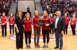 Nursing student Jessie Noseworthy (2nd from right) with Sea~Hawks team members and MUN President Dr. Gary Kachanoski.....photo courtesy of Nick Pearce.