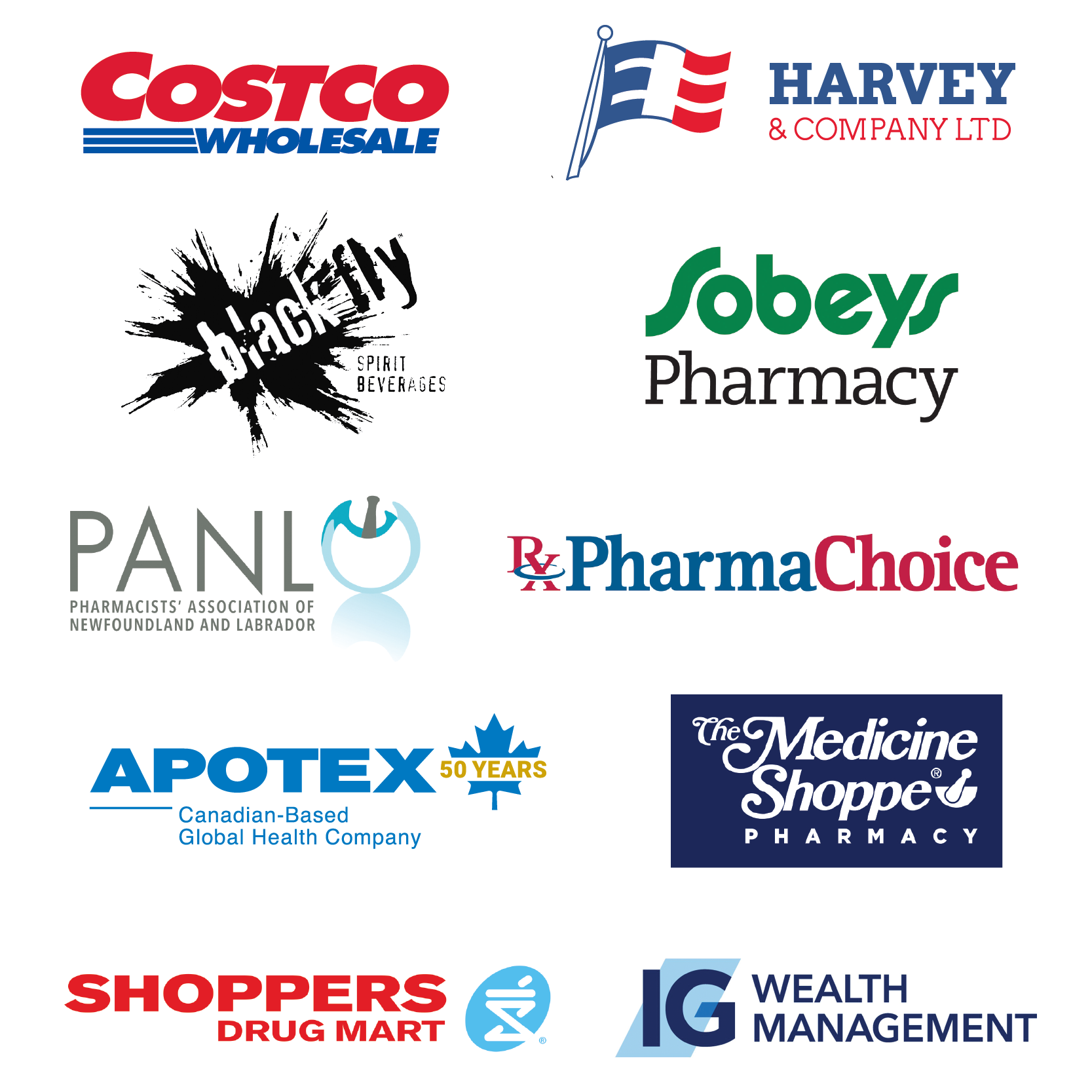 Golf Tournament 2023 - Major Sponsors logos: Costco Wholesale, Harvey & Company Ltd., Black Fly Spirit Beverage, Sobeys Pharmacy, PANL, PharmaChoice, Apotex, The Medicine Shoppe, Shoppers Drug Mart, IG Wealth Management