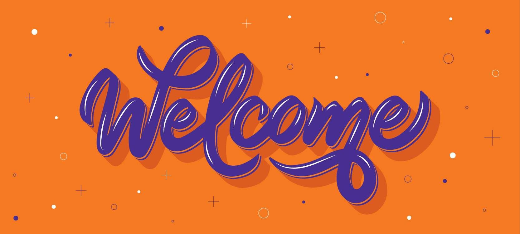 Welcome banner from the Dean of the School of Pharmacy: orange background, indigo script Welcome