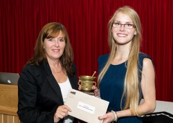 Amanda Brett (right) receives the L.J. Lawton Memorial Award from Brenda Bursey of the Canadian Pharmacists Association at the School of Pharmacy Scholarships and Awards Ceremony on Sept. 12.