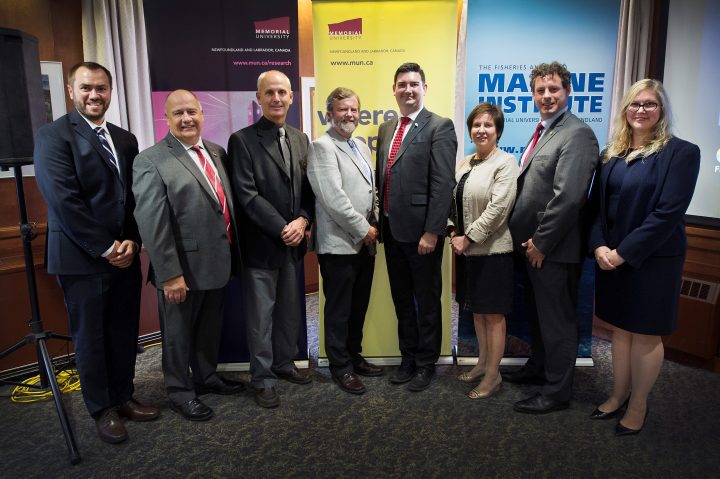 Group Photo: Carey Bonnell, President Kachanoski, Dr. Mark Abrahams, Dr. Paul Snelgrove, Christopher Mitchelmore, Iris Petten, Nick Whalen and Marlies Rise