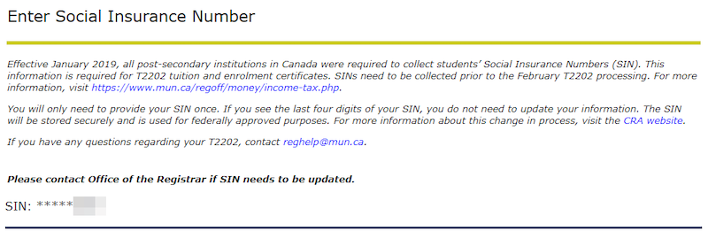 A screen from Memorial Self Service showing that your SIN is already connected to your account