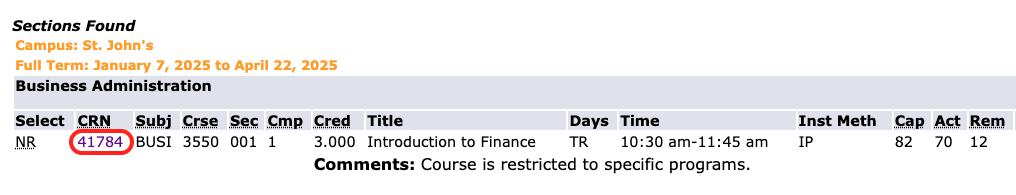 A course listing for a random course. The Course Reference Numbers, CRN, is circled.