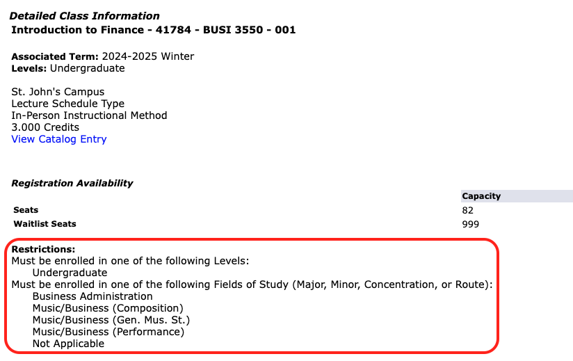 A random course showing restrictions details, which are circled for reference.
