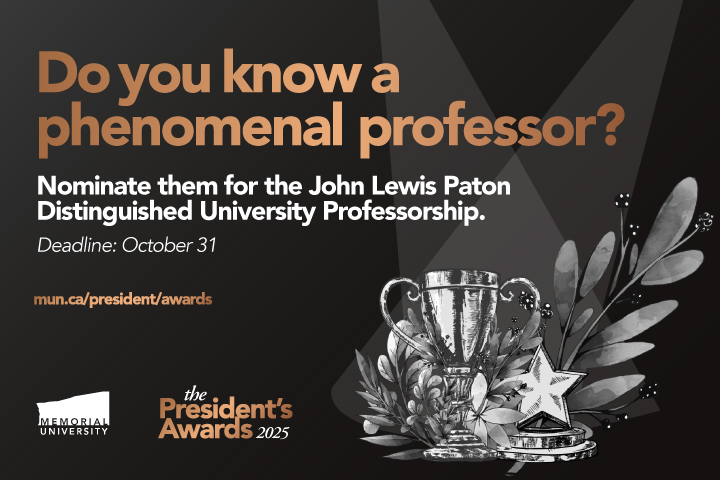 Graphic featuring the text: Do you know a phenomenal professor? Nominate them for the John Lewis Paton Distinguished University Professorship. The President's Awards 2025 along with a trophy, star and leaves.