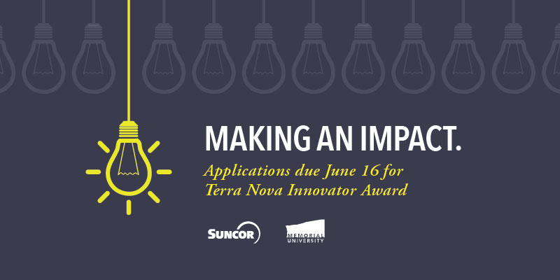 Design featuring a grey background, light blubs, including a yellow coloured light blub, along with the text Making an impact. Applications due June 16 for Terra Nova Innovator Award. The Memorial and Suncor logo appear in white colour.