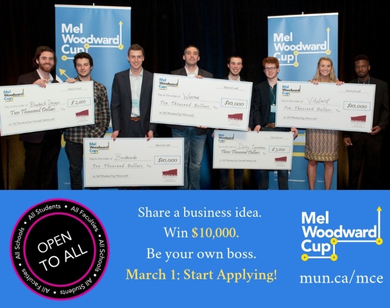 The Mel Woodward Cup is a student pitch competition that awards three prizes of $10,000 to innovative business ideas. The MWC is open to all Memorial students in all faculties and schools. 
