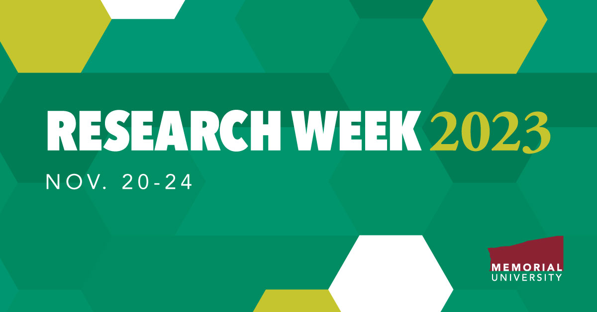 Design featuring green, yellow and white colours, along the words Research Week in white colour; 2023 in yellow colour; and Nov. 20-24 in white colour.