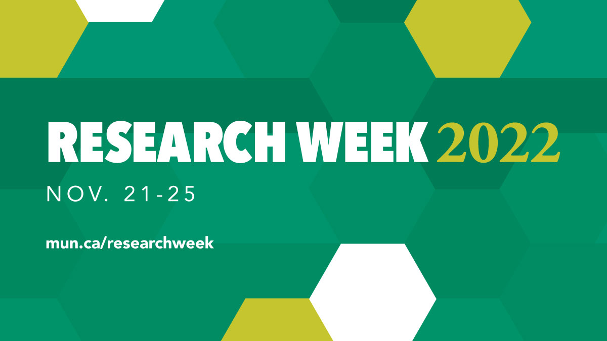 Design featuring green, yellow and white colours, along the words Research Week Nov. 21-25, www.mun.ca/researchweek