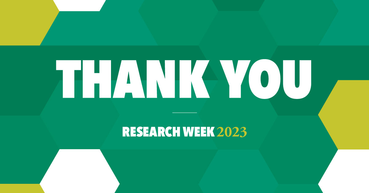 Design featuring green, yellow and white colours, along the words Thank you, Research Week 2023