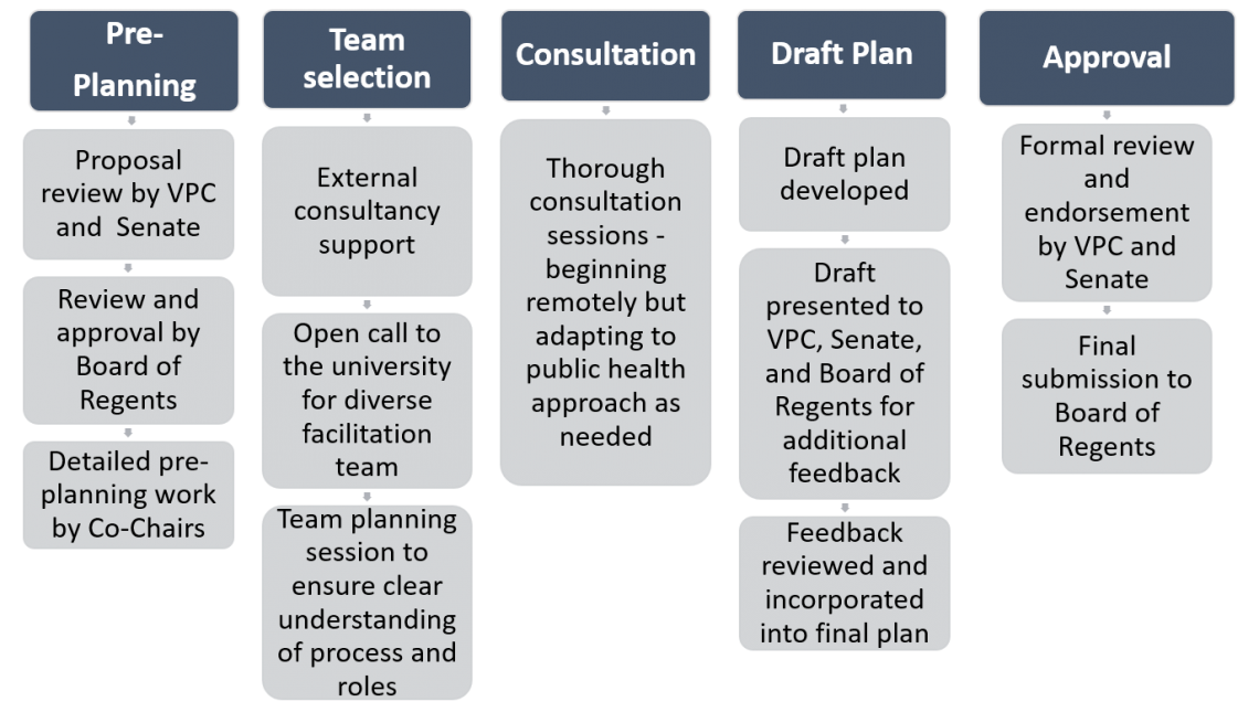 Five elements of the strategic planning process: pre-planning, team selection, consultation, draft plan and approval