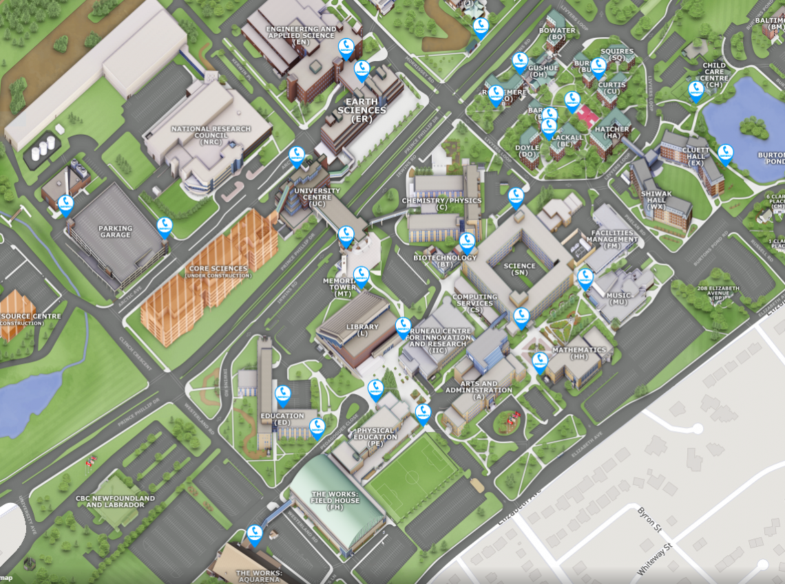Map of location of all emergency blue phones on st. john's campus