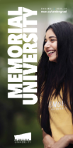 The cover of the Memorial University lure. A female student with long black hair is smiling and looking to the left of the camera. She is wearing a yellow Memorial University sweatshirt. The text Memorial University is written vertically up the left side.
