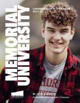 The cover of the Memorial University viewbook. A male student with brown curly hair wears a red plaid shirt over a grey Memorial University t-shirt. He is smiling at the camera. The text Memorial University is written vertically up the right side.